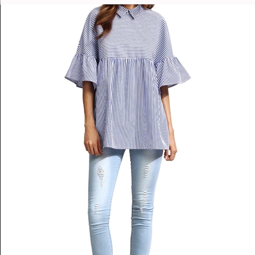Blue and White Henley Ruffle Top XS - Picture 2 of 4